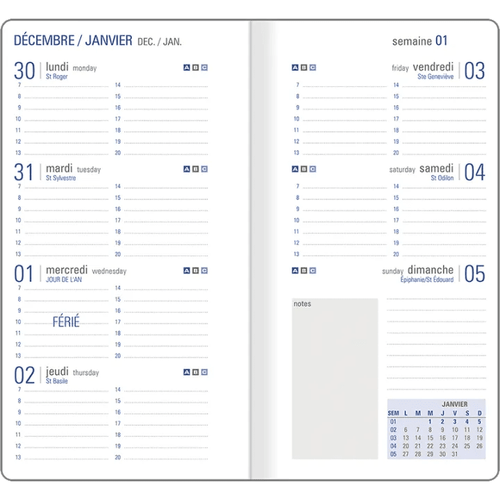 Agenda 2027 OBERTHUR Odessa - 9 x 16,5 cm - 1 semaine sur 2 pages - Orientation horizontale - Noir - 3664447228921