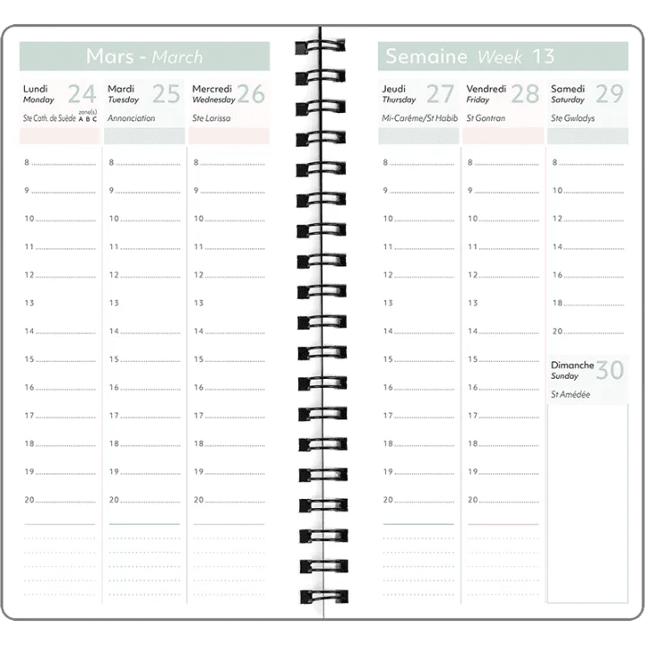 Agenda 2027 OBERTHUR Primrose - 9 x 16,5 cm - 1 semaine sur 2 pages - Orientation verticale - Vert sauge - 3664447229447