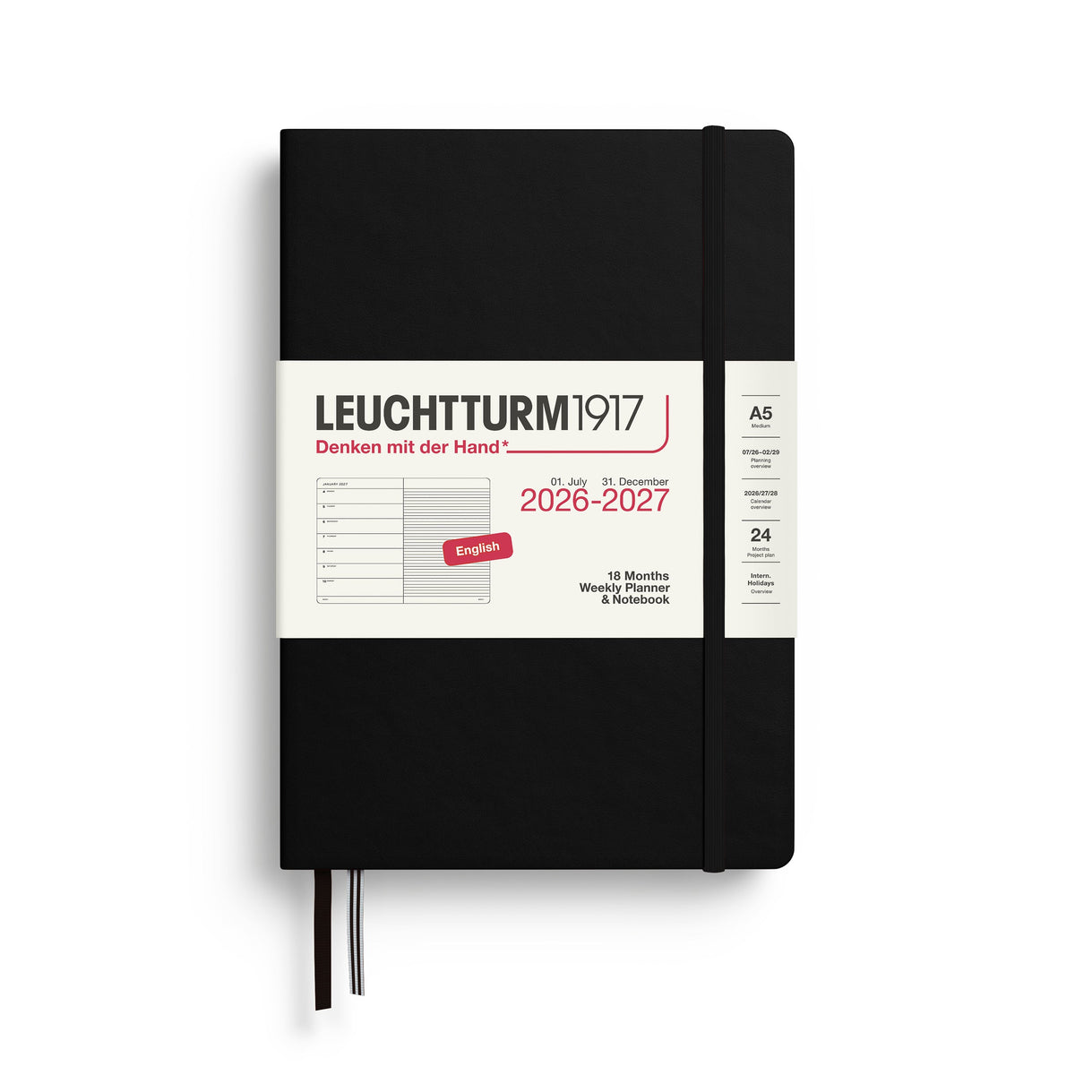 Agenda Semainier & Note Ligné 2026 - 2027 (18 mois) LEUCHTTURM1917, Anglais - A5 - Hardcover - Black - 4070292003313