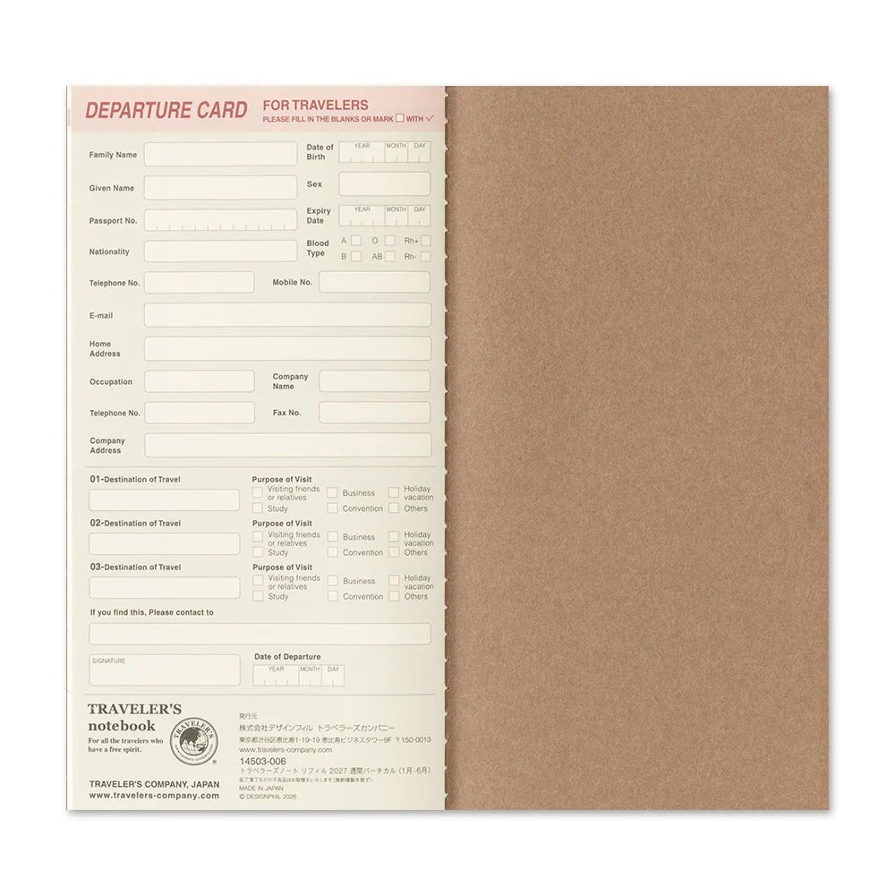 TRAVELER'S notebook - agenda semainier 2027 avec notes (regular size) -