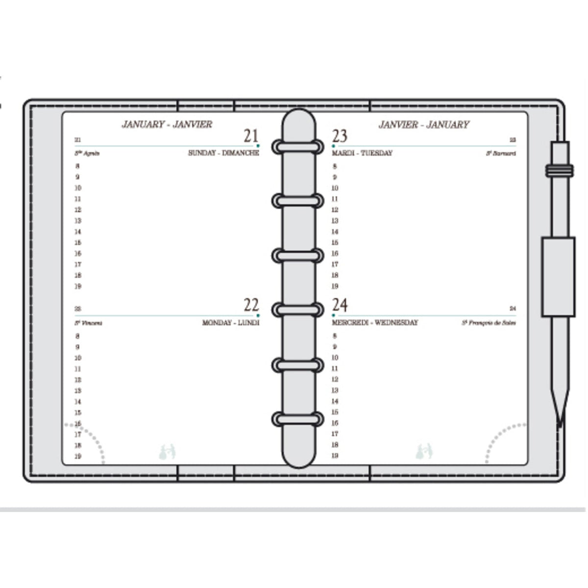 Organiseur MIGNON AK12 - 9 x 13 cm - 2 jours par page - Orientation horizontale - Veau Boboli noir