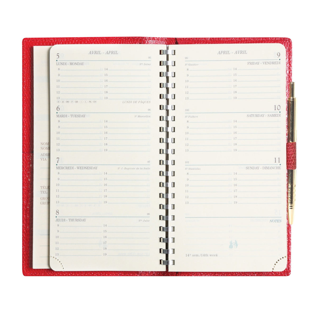 Agenda MIGNON AS16 - 8,8 x 16,5 cm - 1 semaine sur 2 pages - Orientation horizontale - Bornéo rouge garance