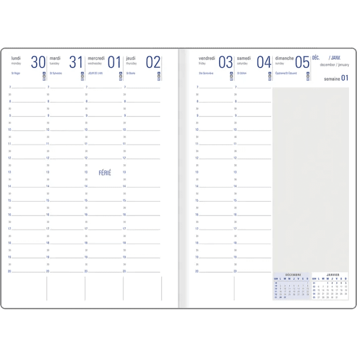 Agenda 2027 OBERTHUR Bristol - 16 x 24 cm - 1 semaine sur 2 pages - Orientation verticale - Bleu - 3664447234557