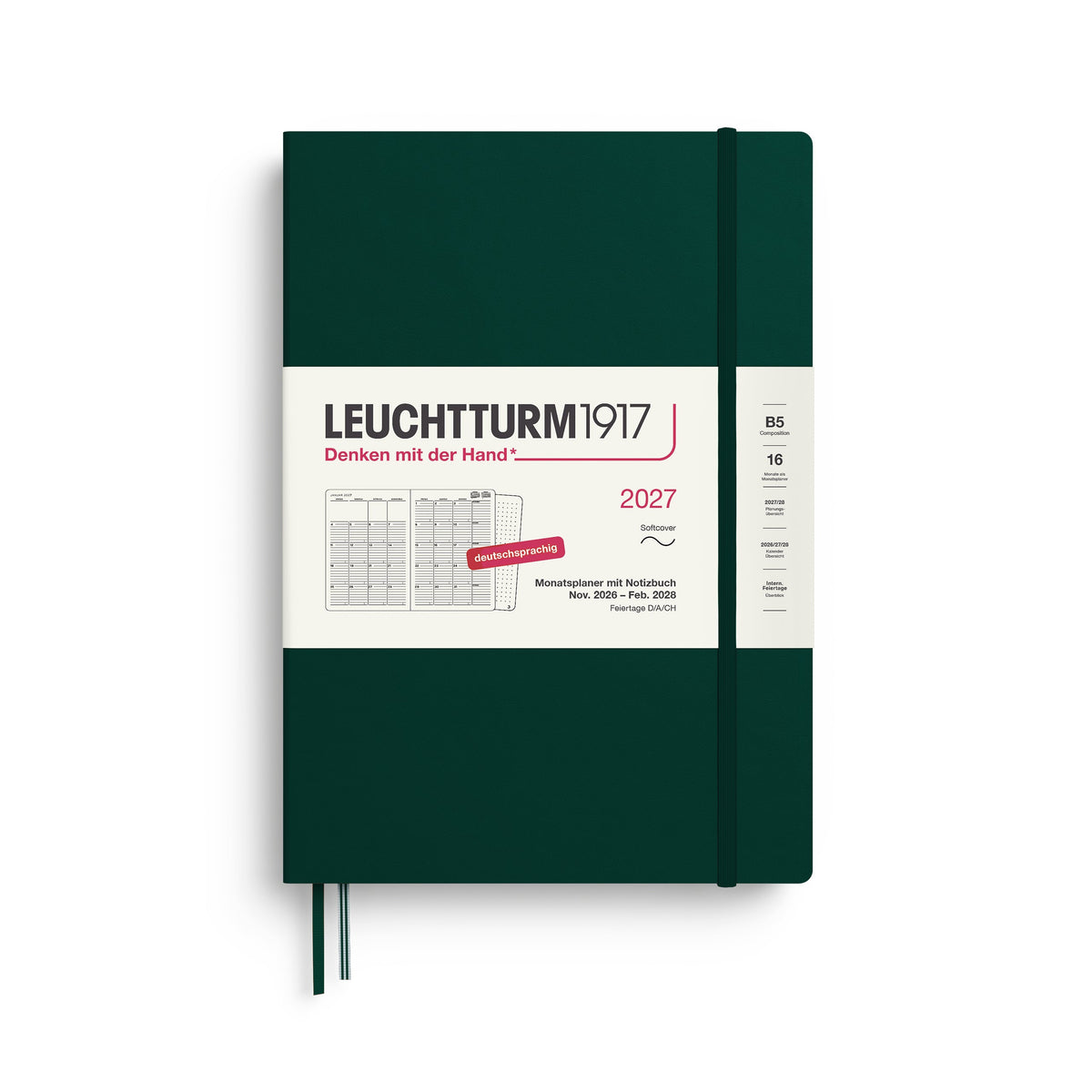 Agenda Mensuel 2027 LEUCHTTURM1917, Anglais - B5 - Softcover - Forest Green - 4070292003269