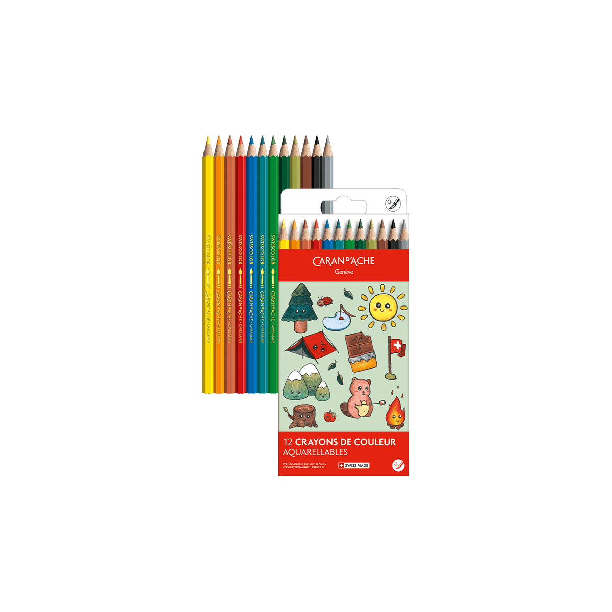 Crayons de couleur aquarellables SWISSCOLOR Aquarelle - Set 12 couleurs Kawaii Swiss Mountains - CARAN D'ACHE - 7630002364874