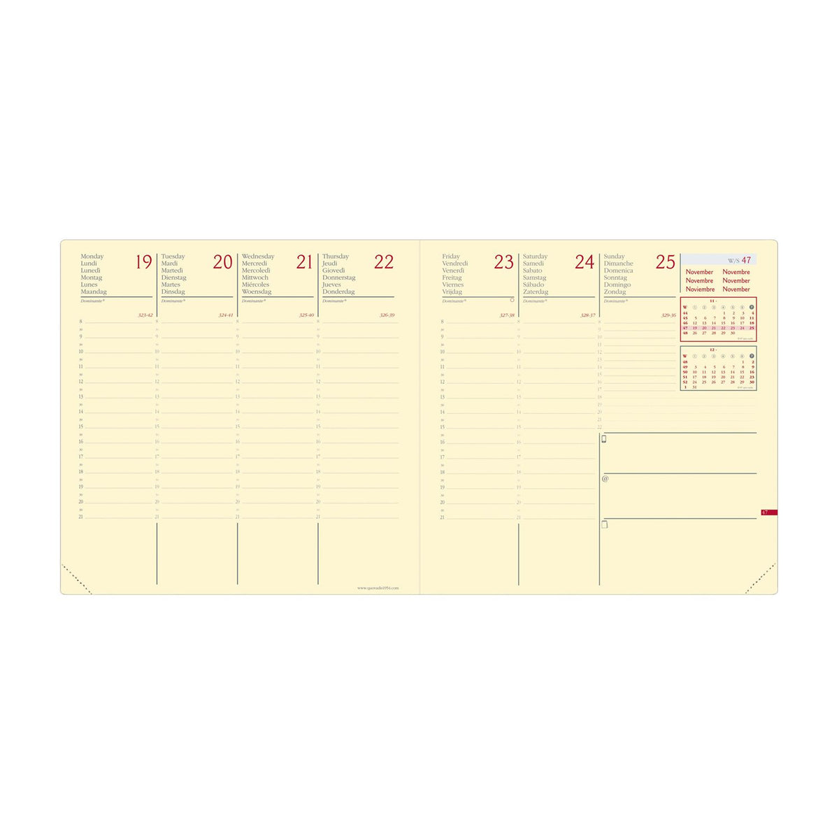 Agenda 2027 QUO VADIS Exécutif Prestige - 16 x 16 cm - 1 semaine sur 2 pages - Orientation verticale - Marlow amande