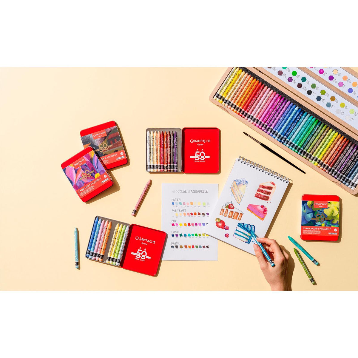 Pastels à la cire aquarellables NEOCOLOR II Aquarelle Pop Édition Spéciale 50 ans - Boîte métal 10 couleurs - CARAN D'ACHE - 7630002360203