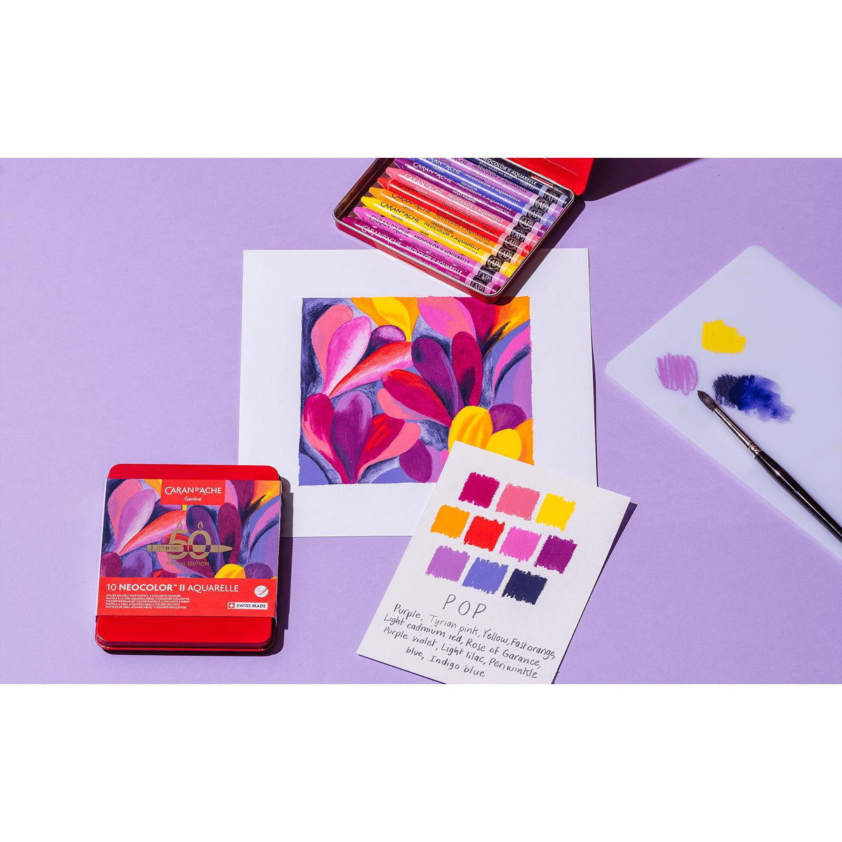 Pastels à la cire aquarellables NEOCOLOR II Aquarelle Pop Édition Spéciale 50 ans - Boîte métal 10 couleurs - CARAN D'ACHE - 7630002360203