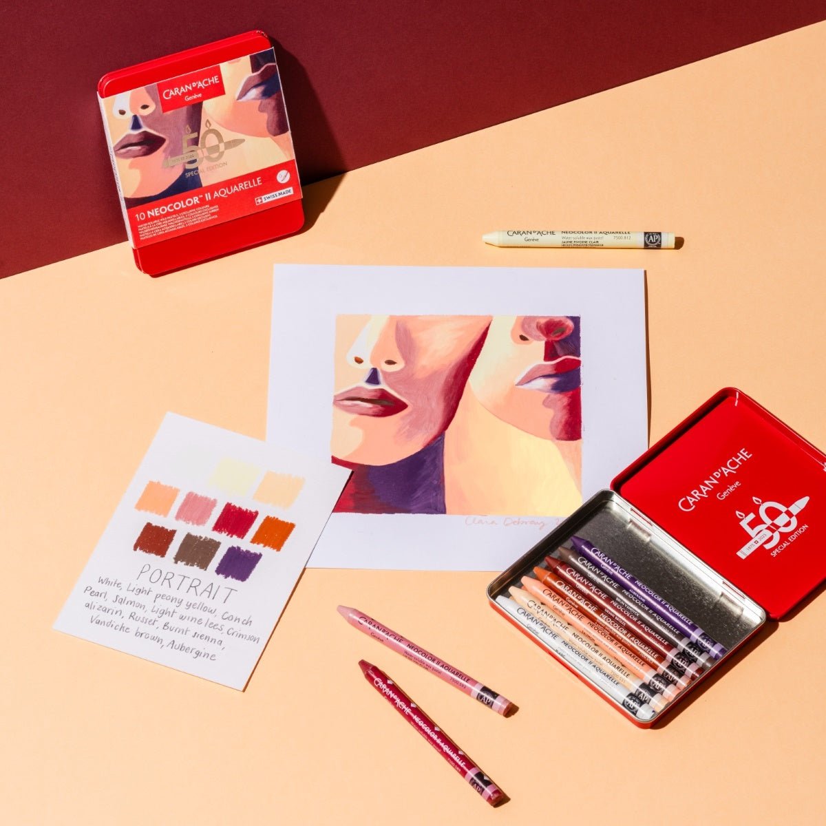 Pastels à la cire aquarellables NEOCOLOR II Aquarelle Portrait Édition Spéciale 50 ans - Boîte métal 10 couleurs - CARAN D'ACHE - 7630002360197